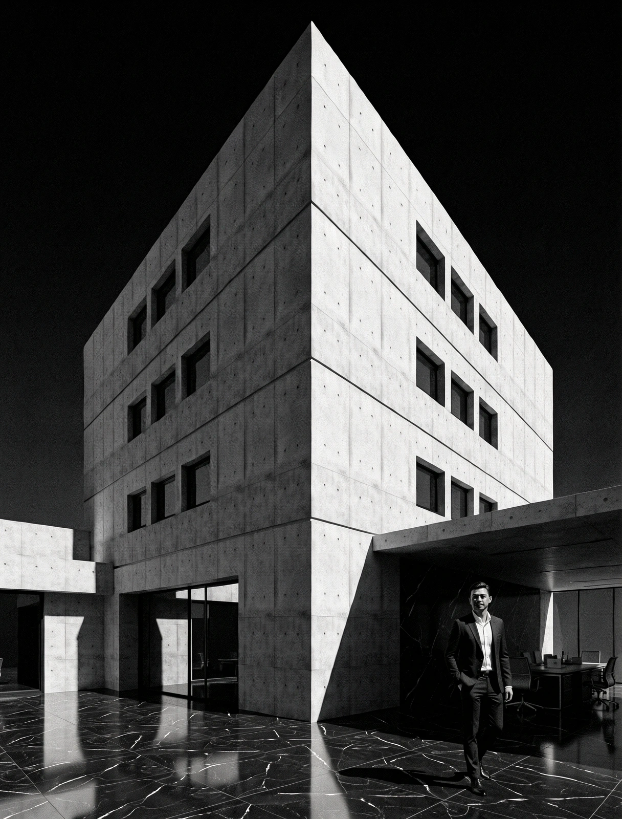 Brutalist architectural lines representing professional structure